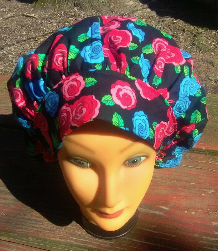 BLUE & RED ROSES Surgical Scrub Hat Cap Bouffant Women Ladies Medical Veterinary