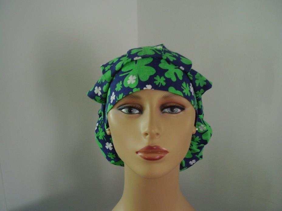 Bouffant/Ponytail Combo Surgical Scrub Hat - St. Patrick's Day - Clover on Blue