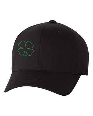 St Patrick's Day Fitted Hat, Four Leaf Clover Flex Fit Baseball Hat - Outline
