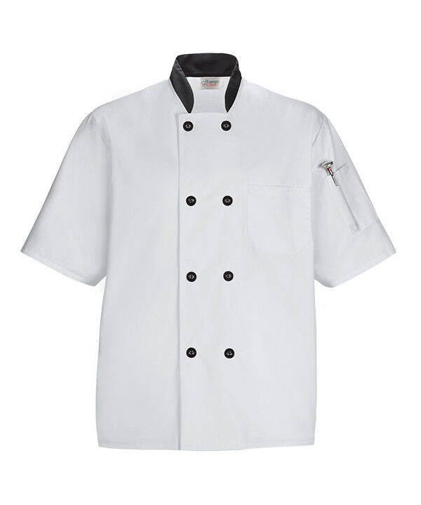 ~PICK~Happy Chef White - black trim buttons Lightweight Chef Coat  #505 MED LRG