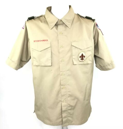 Mens Boy Scouts Uniform Shirt Button Front Troop Leader Patches Alaska Medium