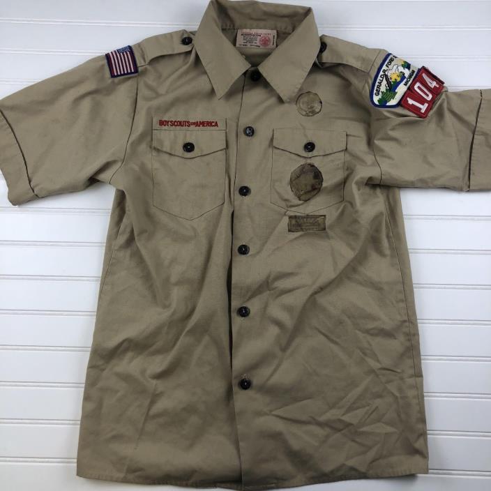 Official Boy Scouts Of America S/S Shirt Tan size Youth LARGE w/ Patches BSA E27