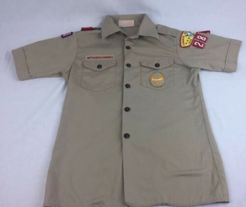 BOY SCOUTS OF AMERICA SHIRT, Size Youth Large, Beige, BSA, Uniform, Patches