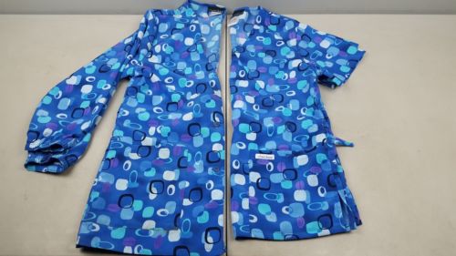 Cherokee Blue Circles And Squares Matching Scrub Top And Jacket Size xs Lot Of 2