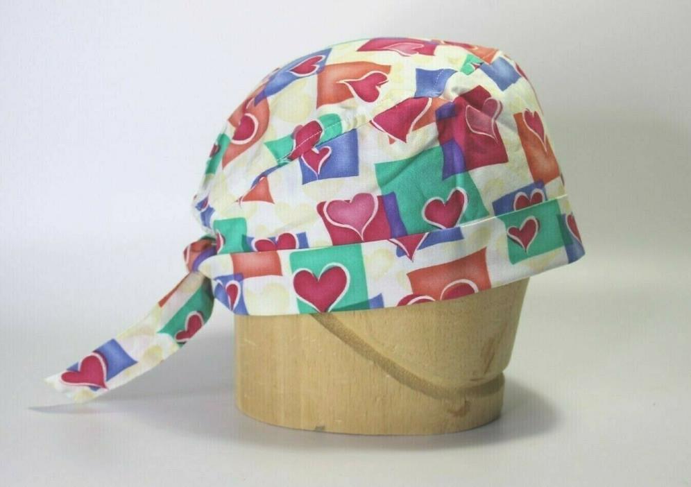 Surgical Scrub Cap[ Womens Multi-Colored  Pastel Hearts One Size 100% Cotton