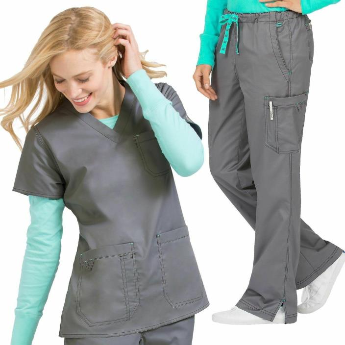 Med Couture Scrubs Set EZ Flex Stretch V-Neck Top & Layla Pant in Steel/Gray XS