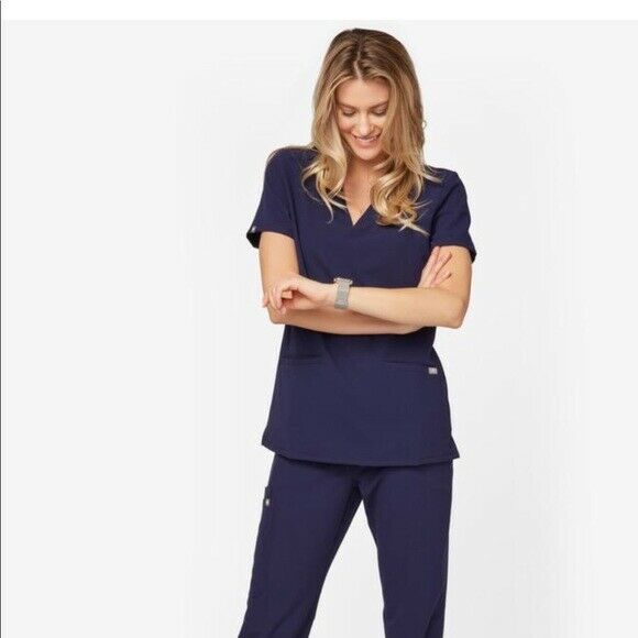 Figs Women dark Navy Blue Scrubs Set Casma top XXS Kade pants XS Petite pockets