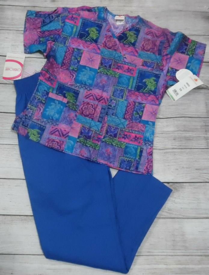 NWT! Peaches Scrub XS Top; Cherokee XS Scrub Bottoms- Set XSmall 6 8 Malibu Blue