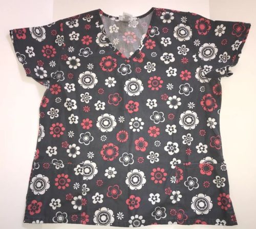 Inspiration Womens Scrub Set Red Gray Printed Top & Black Pants XL EUC Uniform