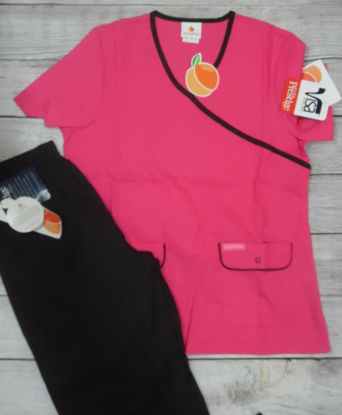 NWT! Peaches Scrubs XS Top; Peaches XS Scrub Bottoms- Set XSmall 6 8 pink brown