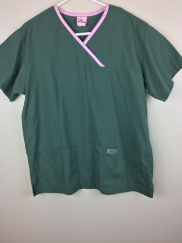 Izzy Scrubs Top Green Trimmed in Pink Front Pocket Size Large
