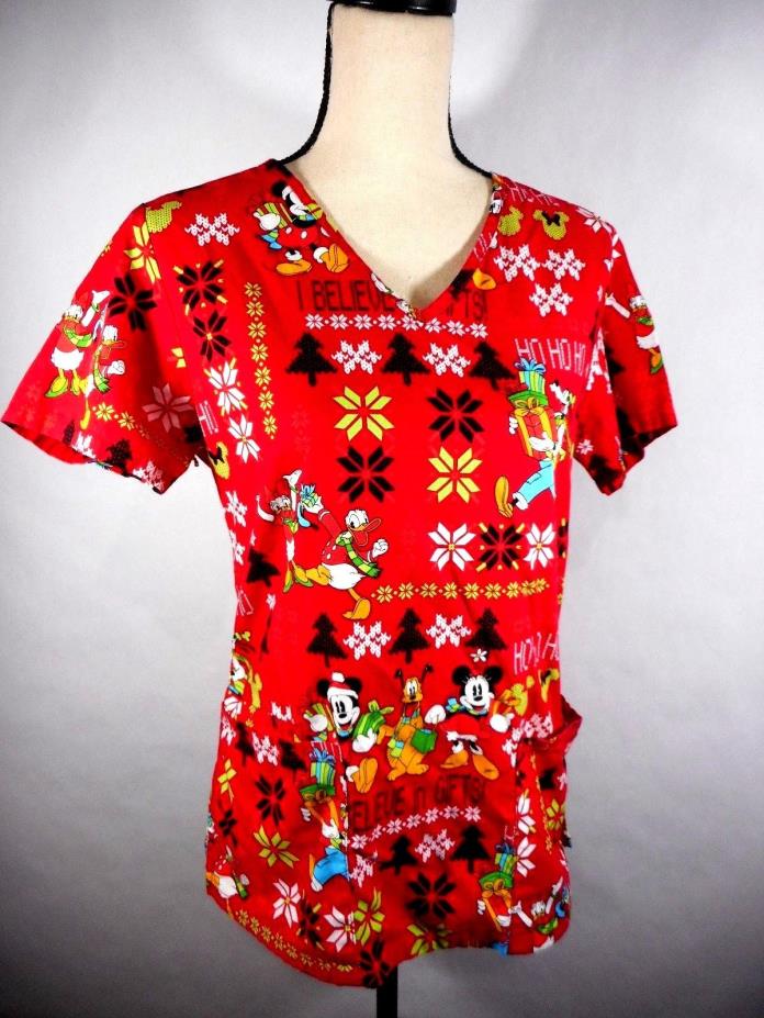 Disney Mickey Mouse Christmas womens scrub top Size XS Extra Small Donald Goofy