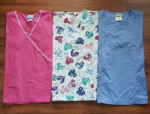 LOT Women Medical Scrubs Shirts Nurse Tops Size L, XL Hearts Blue Pink