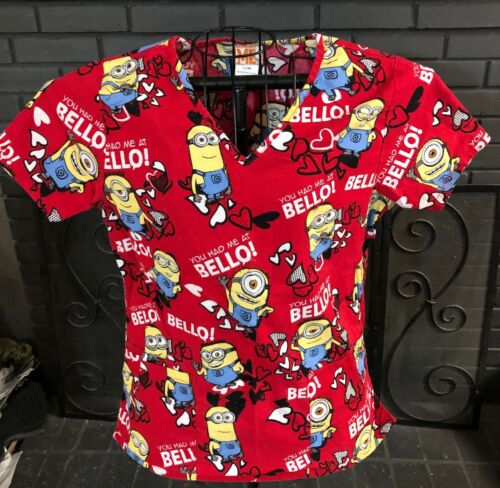 Despicable Me Nursing Medical Scrub Top Red Patterned Women’s S