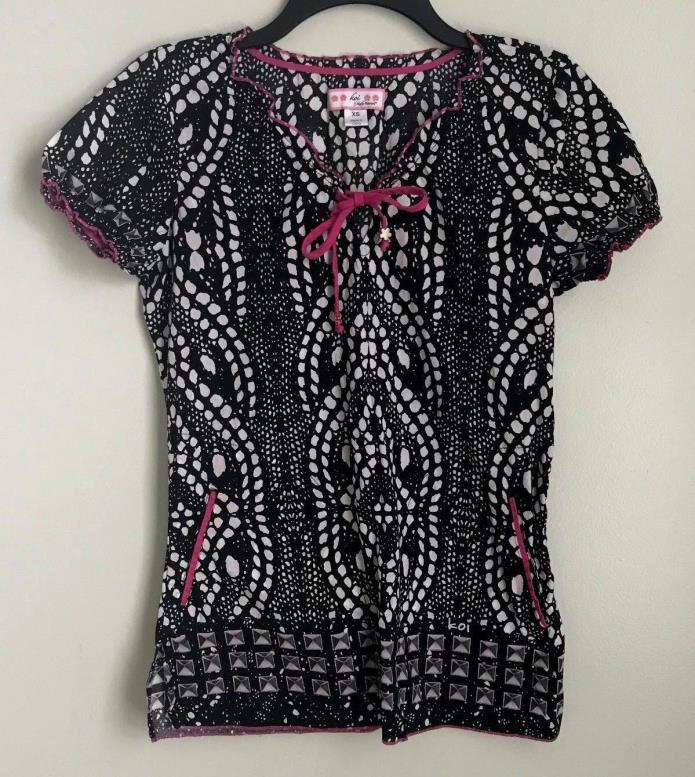 Koi by Kathy Peterson XS Black White Pink Trim Polka Dot Scrub Top