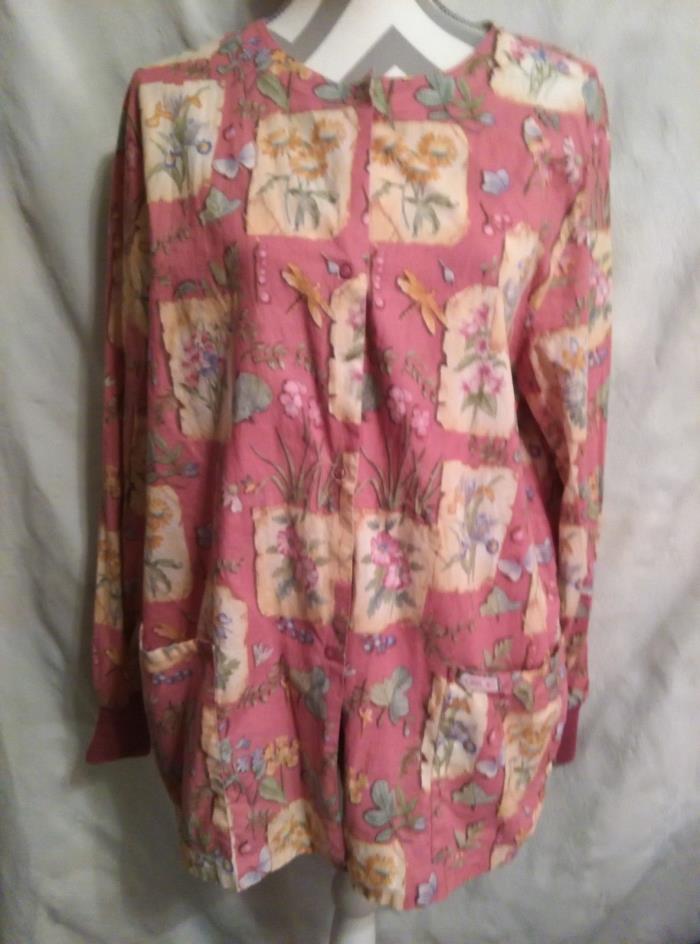 Women's Scrub Pink Blue Green White Floral Long Sleeve Top Size L by Cherokee