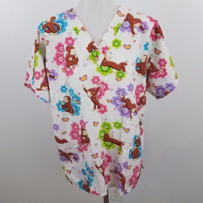 curious george scrub top white floral butterfly white M adventures short sleeve