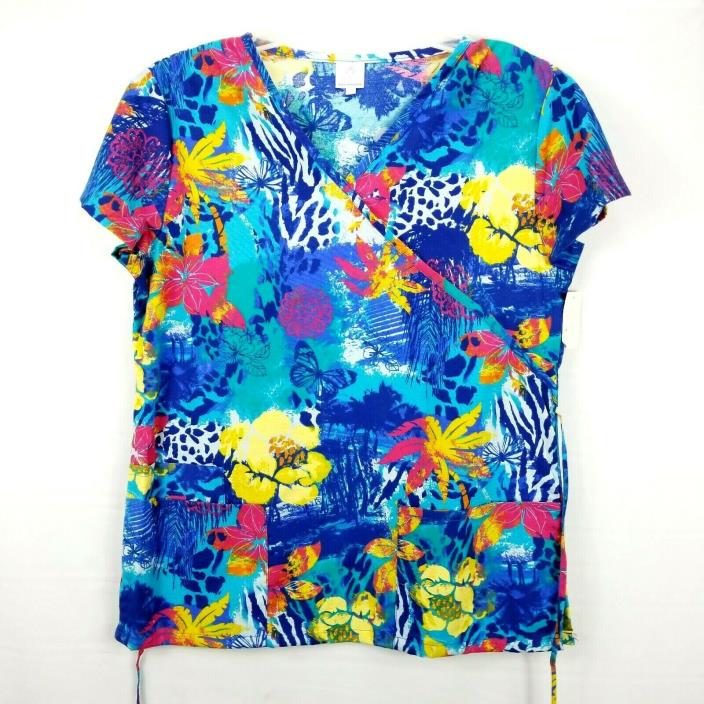 Bobbie Brooks Womens Large Scrub Top Tropical Hawaiian Print Blue