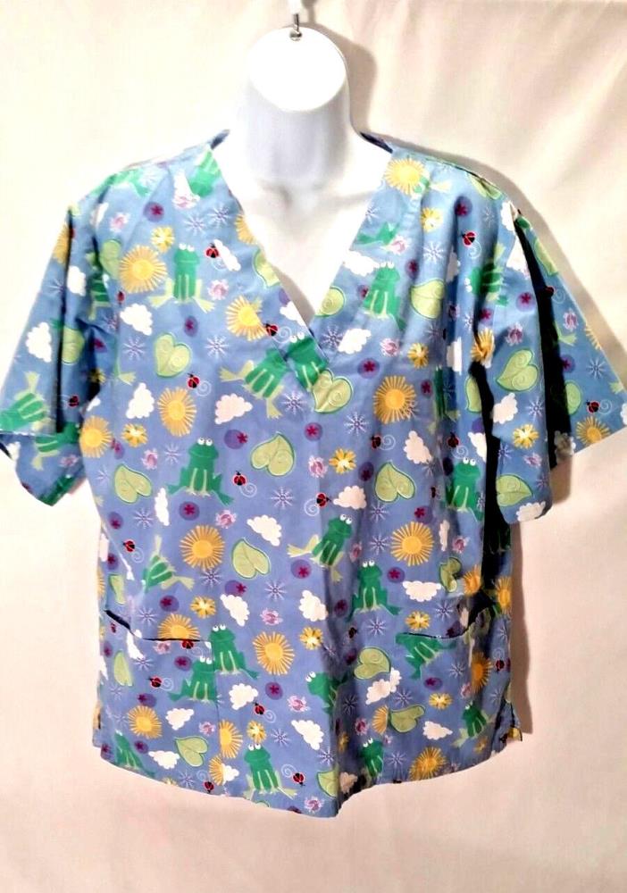 Happy Scrubs Women's Scrub Top Nurse Medical Frogs Blue Multi-Color Size Medium