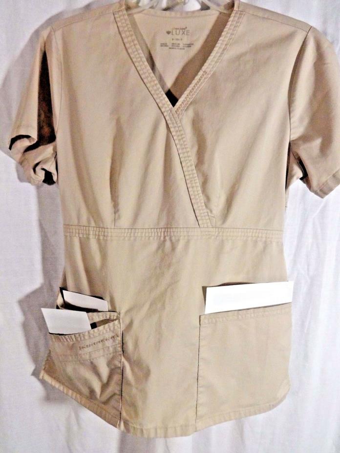 Cherokee Luxe Scrub Top S Beige V Neck Mock Wrap Gathered Back 3 Patch Pockets