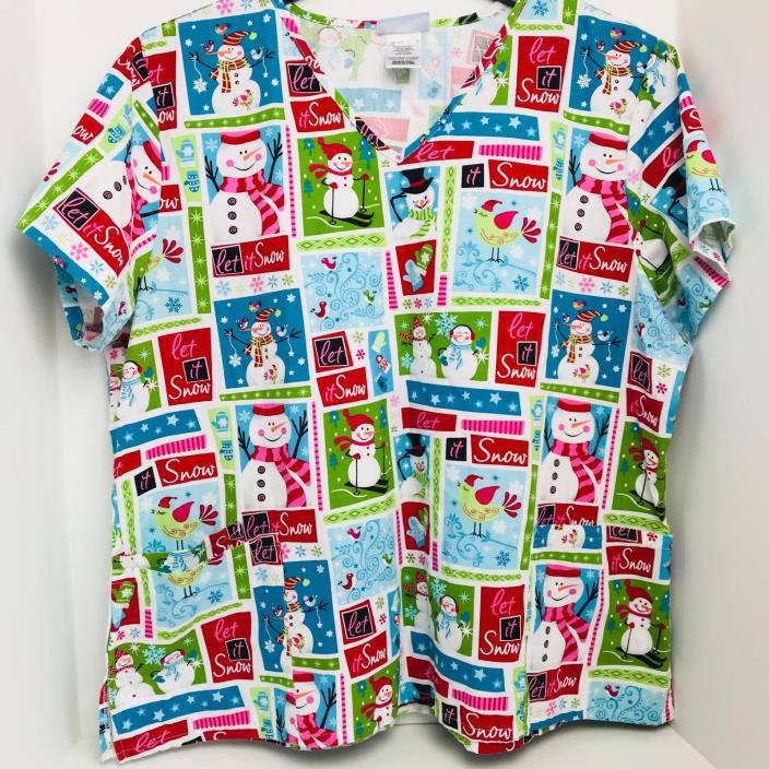 Snowman Let It Snow Birds 2XL Womans Dental Medical Nurse Scrub Top Size XXL