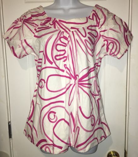 KOI Kathy Peterson Designer Scrub Sz XS Pink White Abstract Butterfly Floral EUC