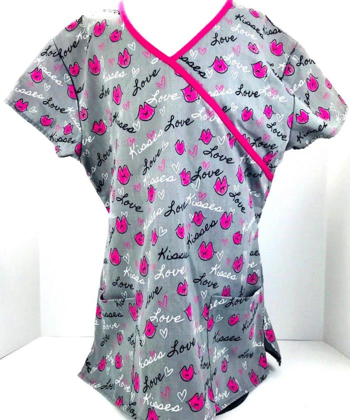 Lips Kisses LOVE SMALL Samantha Mara Gray Pink Black Tie Back  Scrub Top Size S