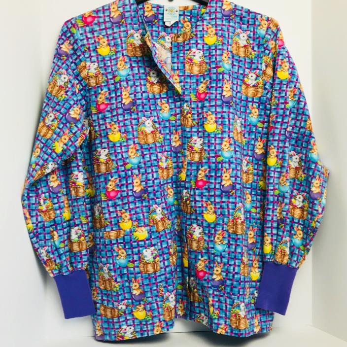 Happy Scrubs Medium Easter Blue Bunnies Long Sleeve Medical Nurse Scrub Top SZ M