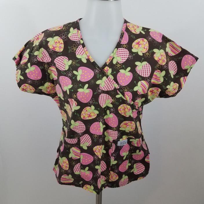 Izzy strawberry brown pink short sleeve v-neck scrub top nurse doctor s small