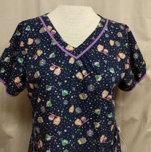 Mary Engelbrett Scrubs Owl Womens Sz S Navy Night Sky with Owls  Purple Trim EUC