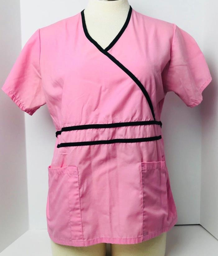Small Pink And Black Tie Back Medical Nurse Vet Scrub Top Size S