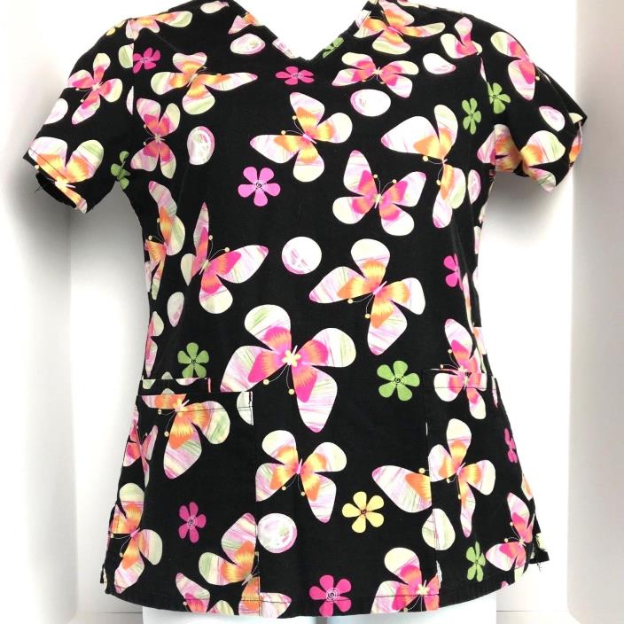 Sb Scrubs Size XS Black With Butterflies And Peace Medical Nurse Scrub Top SZ XS