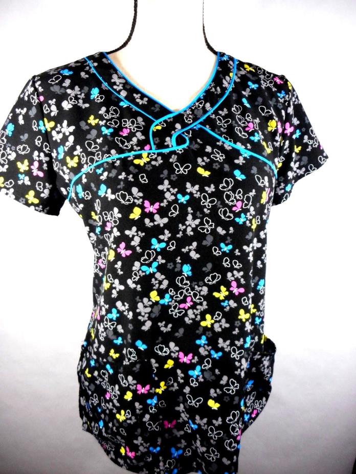 Heartsoul womens scrub top Size Small S Black Butterfly Print EUC
