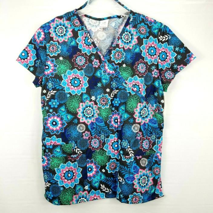 Bobbie Brooks Womens Large Scrub Top Mandala Flower Blue