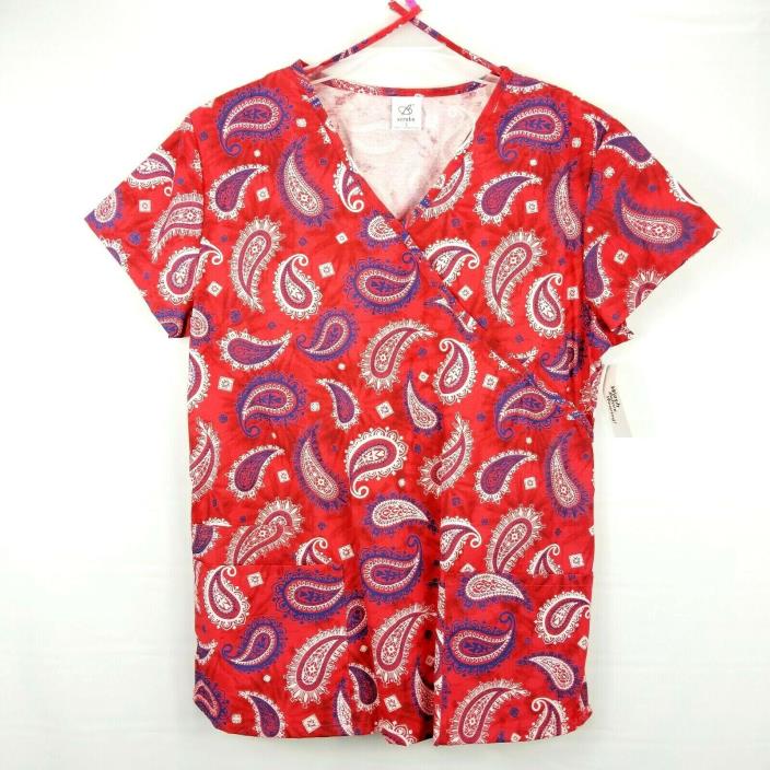 Bobbie Brooks Womens Scrub Top Size Large Paisley Patriotic Print Red