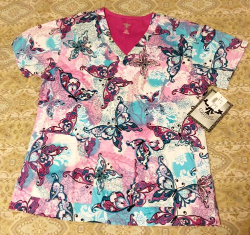 NWT MC2 Med Couture 8479 Womens Scrub Top Pink Butterflies Sz XS