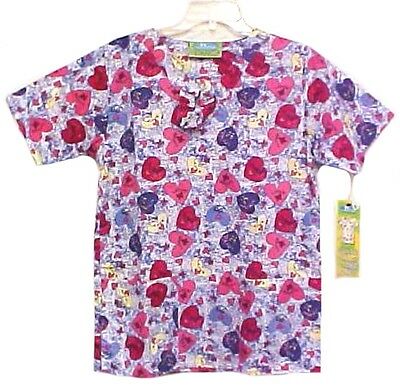Scrub Top V-Neck XS 2 Pocket Pink Purple Heart Love Print Topline TL770 New
