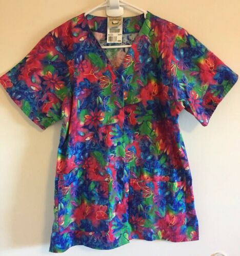 Womens Sz S Cottonality Scrub Top Button Front Tye Dye Flowers Hearts Multicolor