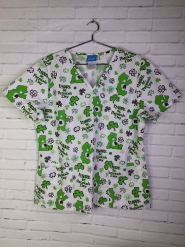 Care Bears St Patricks Day White Green Medical Dental Scrub Uniform Top Size M