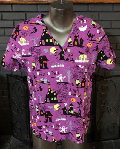 Scrubstar Nursing  Medical Scrub Top Purple Halloween Patterned L