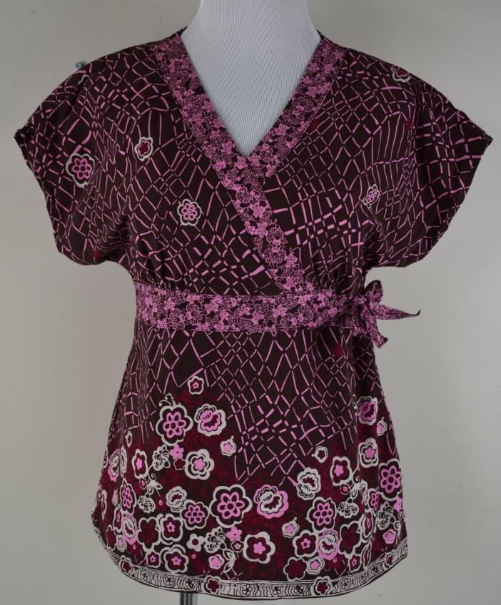 Womens Size Small S Barco Brown Floral Print Two Pocket Batwing Sleeve Scrub Top