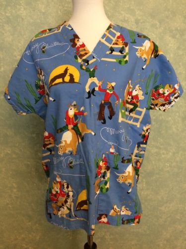Christmas Cowboy Rodeo Western Scrub Top Women’s Sz Small Rebecca’s Best C41