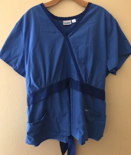 Landau Scrub Top Blue Nurse Uniform 3XL Womens 2 front pockets