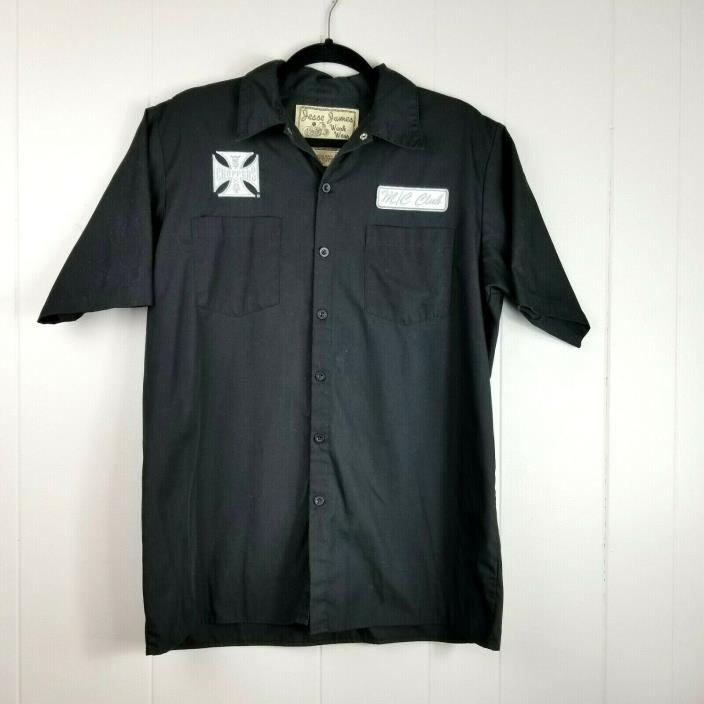 Jesse James Work Wear Shop Shirt Embroidered Button Up Black Short Sleeve Medium