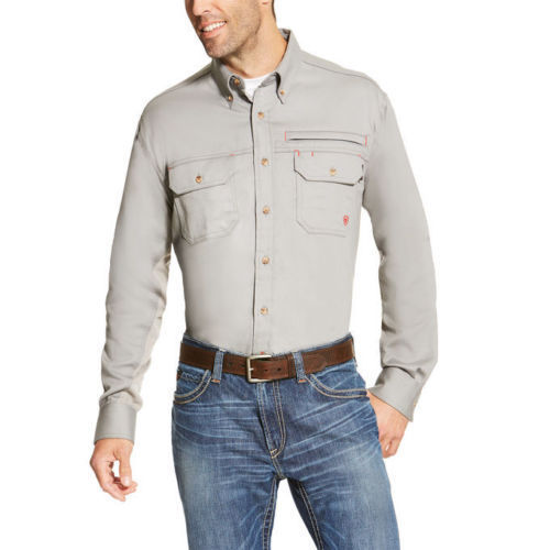 Men Ariat FR Solid Vent Work Shirt Silver 10019063 long sleeve flame resist LG