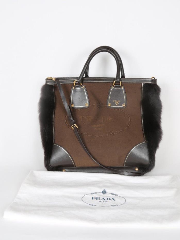 PRADA Designer Brown Canvas Fur Trim Large Tote Bag