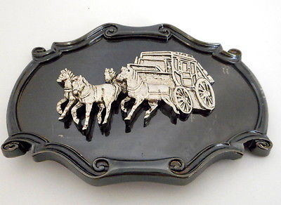Western Stagecoach Belt Buckle Raintree 1978 Wild West Horses Cowboy Vintage