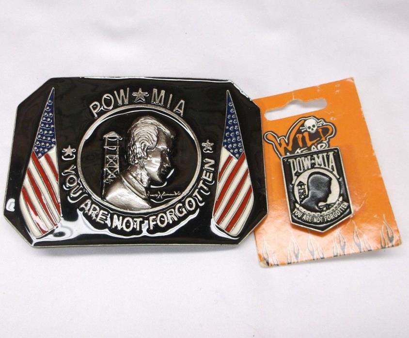 POW MIA You Are Not Forgotten American Flag Belt Buckle and Pin Set