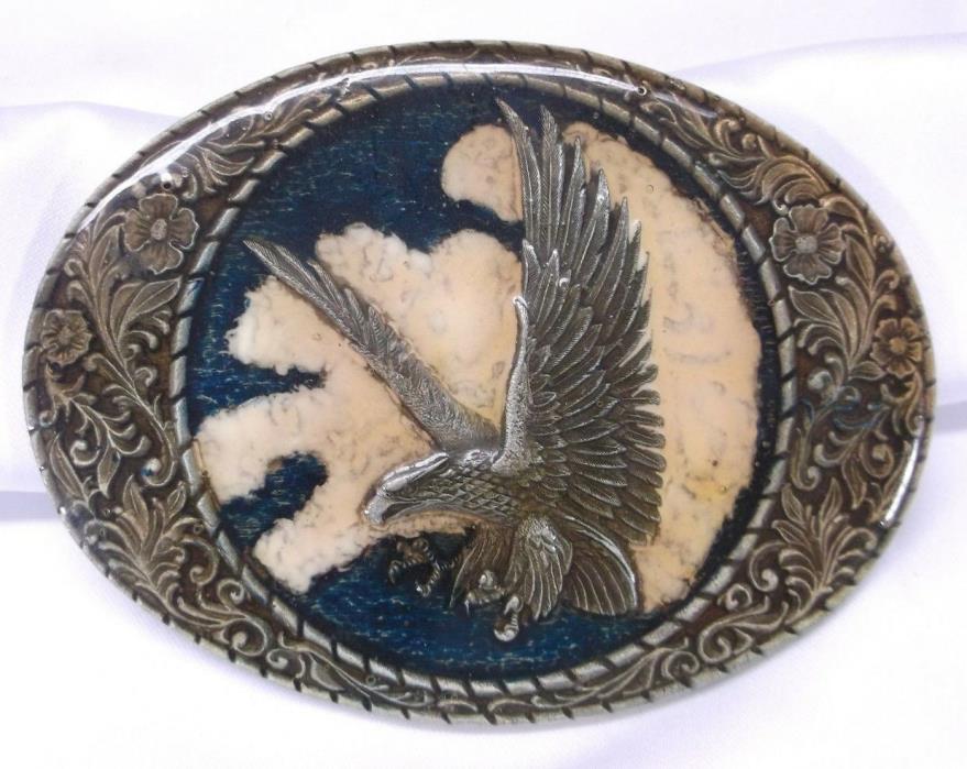 Vintage Swooping Eagle Hawk Indiana Metal Craft Brass Enamel Belt Buckle