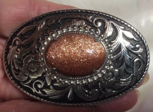 Cowboy Style Oval Belt Buckle Silvertone Etched Scroll Polished Dome Sand Stone